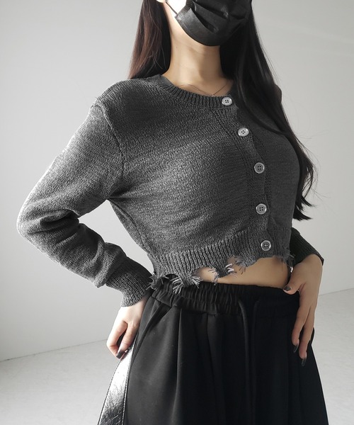 me+em select(ミームセレクト)の「※※【 3color 】ダメージシアーニットショートカーディガン / damage sheer knit short cardigan(カーディガン/ボレロ・レディース・グレー/ブラック/アイボリー・FREE)」の6枚目の写真