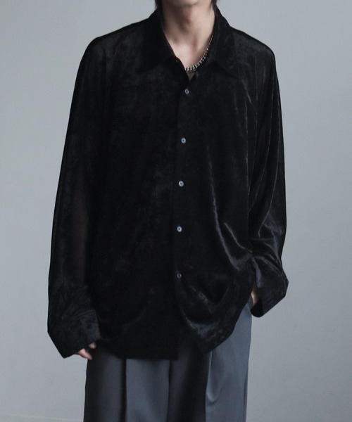 SHISHIKUI黒 ベルベット 長袖 トップス welise/ウェライズ】リッチベルベットシアーファブリック 長袖オーバー