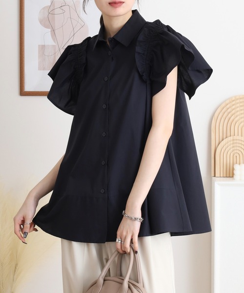 tシャツ EGLANTINE 袖フリル付半袖カットソー レディース セール】EGLANTINE 肩フリル半袖ブラウス フレアスリーブ