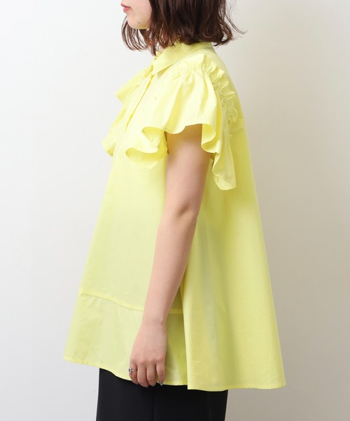 エグランティーヌ EGLANTINE 袖フリル付半袖カットソー （カーキ） エグランティーヌ EGLANTINE 袖フリル付半袖カットソー （カーキ