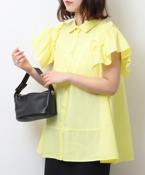 エグランティーヌ EGLANTINE 袖フリル付半袖カットソー （カーキ） エグランティーヌ EGLANTINE 袖フリル付半袖カットソー （カーキ