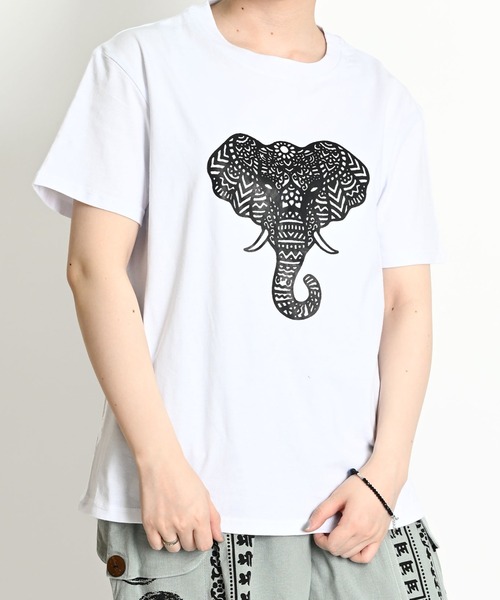 MARAI(マーライ)の「ゾウ 恐竜 ワンポイントプリント 無地 半袖Tシャツ(Tシャツ/カットソー・レディース・ホワイト系/イエロー/ブラック系/ワイン・FREE)」の1枚目の写真