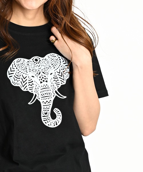 MARAI(マーライ)の「ゾウ 恐竜 ワンポイントプリント 無地 半袖Tシャツ(Tシャツ/カットソー・レディース・ホワイト系/イエロー/ブラック系/ワイン・FREE)」の12枚目の写真