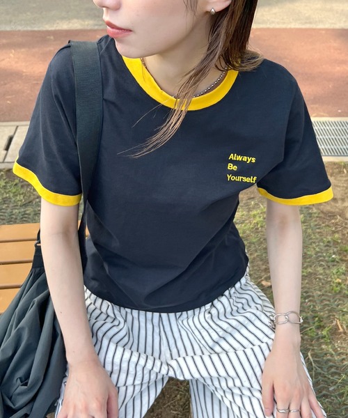 ABYS（アビス）の「ワンポイント刺繍リンガー半袖Tシャツ（Tシャツ/カットソー・レディース・ホワイト/ライトブルー/イエロー/ピンク/ネイビー・MEDIUM/LARGE）」の3枚目の写真