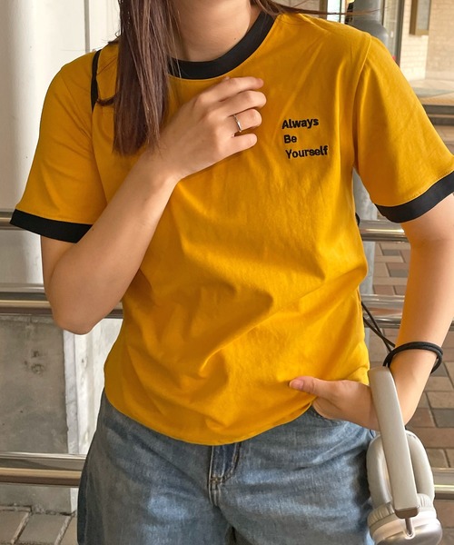 ABYS（アビス）の「ワンポイント刺繍リンガー半袖Tシャツ（Tシャツ/カットソー・レディース・ホワイト/ライトブルー/イエロー/ピンク/ネイビー・MEDIUM/LARGE）」の4枚目の写真