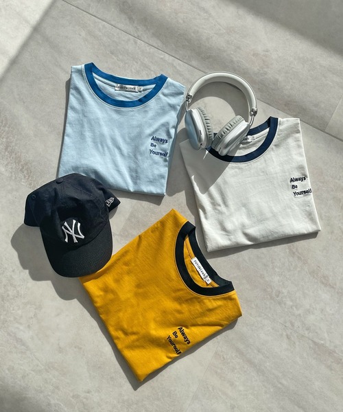 ABYS（アビス）の「ワンポイント刺繍リンガー半袖Tシャツ（Tシャツ/カットソー・レディース・ホワイト/ライトブルー/イエロー/ピンク/ネイビー・MEDIUM/LARGE）」の2枚目の写真