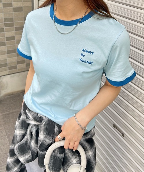 ABYS（アビス）の「ワンポイント刺繍リンガー半袖Tシャツ（Tシャツ/カットソー・レディース・ホワイト/ライトブルー/イエロー/ピンク/ネイビー・MEDIUM/LARGE）」の15枚目の写真