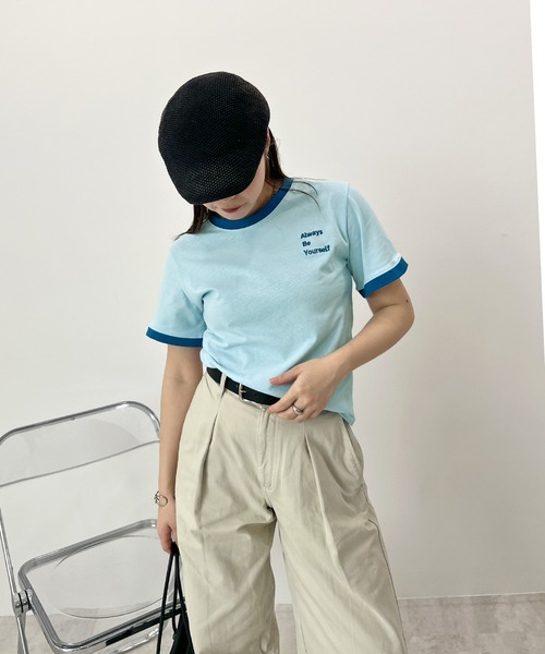 ABYS（アビス）の「ワンポイント刺繍リンガー半袖Tシャツ（Tシャツ/カットソー・レディース・ホワイト/ライトブルー/イエロー/ピンク/ネイビー・MEDIUM/LARGE）」の21枚目の写真