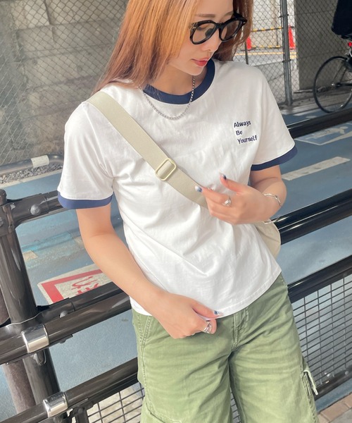 ABYS（アビス）の「ワンポイント刺繍リンガー半袖Tシャツ（Tシャツ/カットソー・レディース・ホワイト/ライトブルー/イエロー/ピンク/ネイビー・MEDIUM/LARGE）」の11枚目の写真