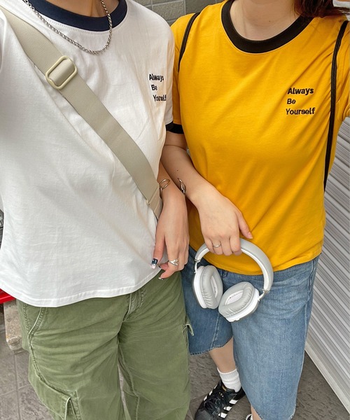 ABYS（アビス）の「ワンポイント刺繍リンガー半袖Tシャツ（Tシャツ/カットソー・レディース・ホワイト/ライトブルー/イエロー/ピンク/ネイビー・MEDIUM/LARGE）」の13枚目の写真