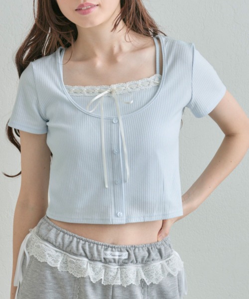 OLIVE des OLIVE(オリーブデオリーブ)の「レースリボンレイヤードトップス(Tシャツ/カットソー・レディース・ブラック/サックスブルー/トップグレー/アイボリー・FREE)」の4枚目の写真