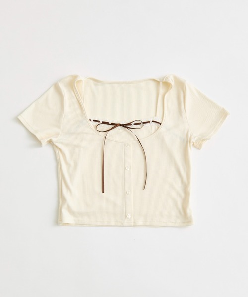 OLIVE des OLIVE(オリーブデオリーブ)の「レースリボンレイヤードトップス(Tシャツ/カットソー・レディース・ブラック/サックスブルー/トップグレー/アイボリー・FREE)」の14枚目の写真