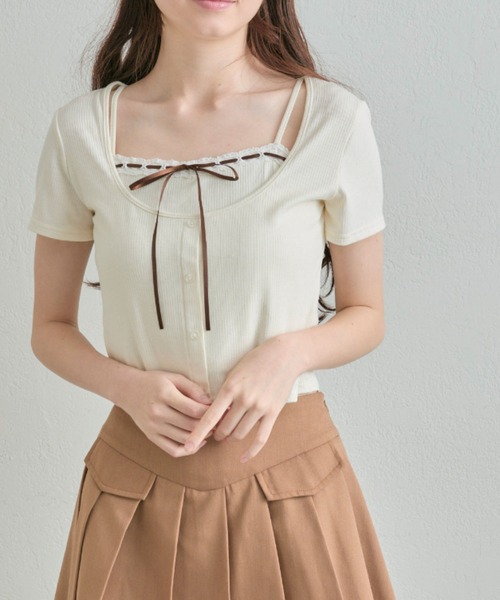 OLIVE des OLIVE(オリーブデオリーブ)の「レースリボンレイヤードトップス(Tシャツ/カットソー・レディース・ブラック/サックスブルー/トップグレー/アイボリー・FREE)」の12枚目の写真