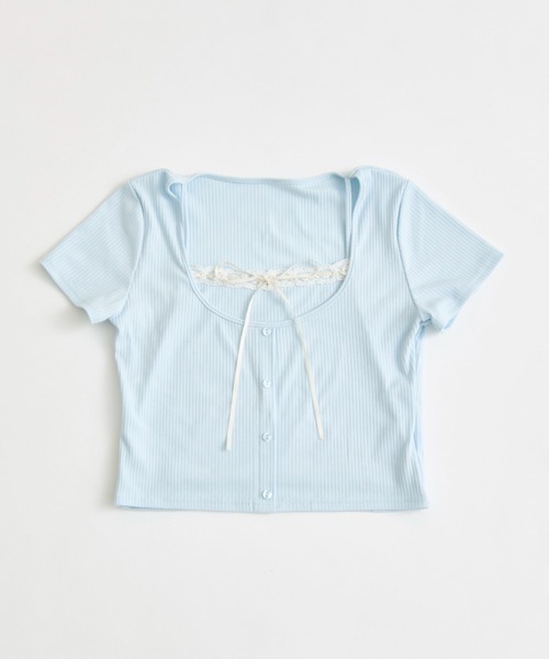 OLIVE des OLIVE(オリーブデオリーブ)の「レースリボンレイヤードトップス(Tシャツ/カットソー・レディース・ブラック/サックスブルー/トップグレー/アイボリー・FREE)」の5枚目の写真