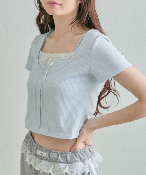 OLIVE des OLIVE(オリーブデオリーブ)の「レースリボンレイヤードトップス(Tシャツ/カットソー・レディース・ブラック/サックスブルー/トップグレー/アイボリー・FREE)」の9枚目の写真