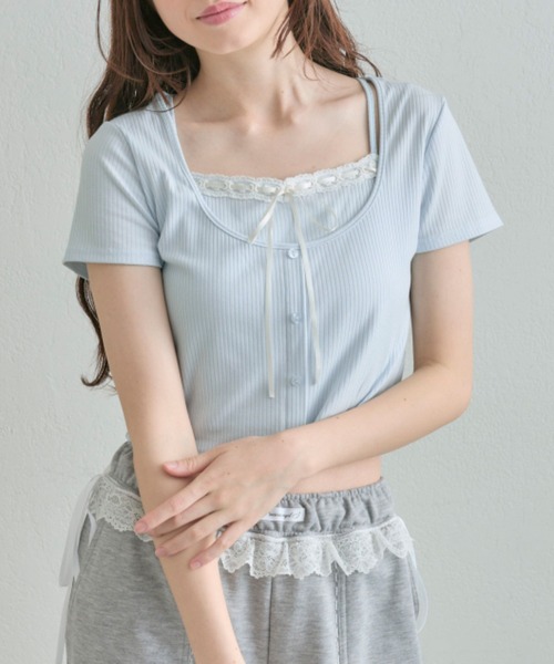 OLIVE des OLIVE(オリーブデオリーブ)の「レースリボンレイヤードトップス(Tシャツ/カットソー・レディース・ブラック/サックスブルー/トップグレー/アイボリー・FREE)」の7枚目の写真