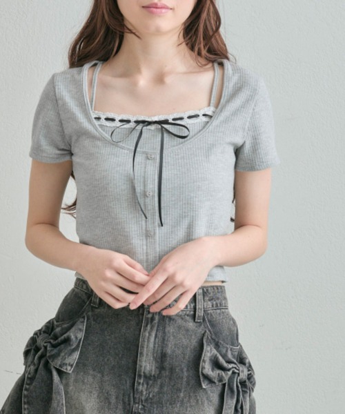 セール】レースリボンレイヤードトップス（Tシャツ/カットソー
