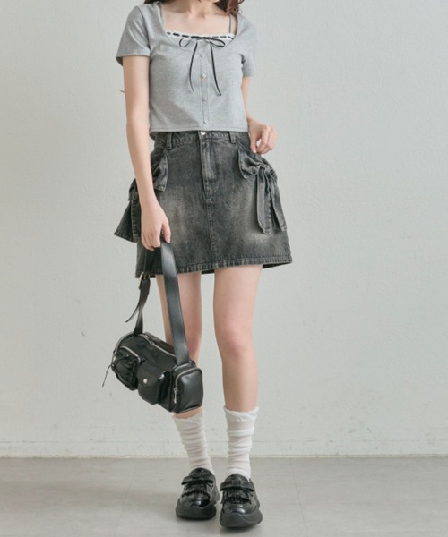 OLIVE des OLIVE(オリーブデオリーブ)の「レースリボンレイヤードトップス(Tシャツ/カットソー・レディース・ブラック/サックスブルー/トップグレー/アイボリー・FREE)」の22枚目の写真