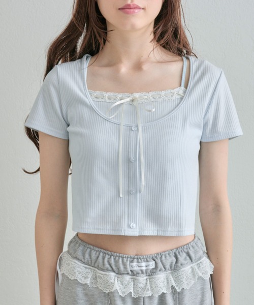 OLIVE des OLIVE(オリーブデオリーブ)の「レースリボンレイヤードトップス(Tシャツ/カットソー・レディース・ブラック/サックスブルー/トップグレー/アイボリー・FREE)」の21枚目の写真