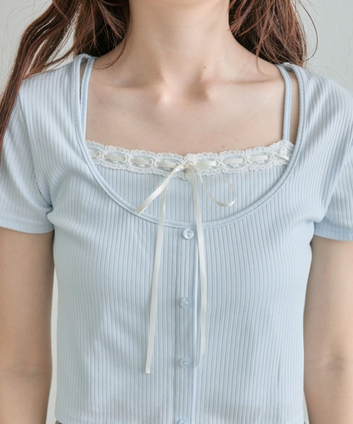 OLIVE des OLIVE(オリーブデオリーブ)の「レースリボンレイヤードトップス(Tシャツ/カットソー・レディース・ブラック/サックスブルー/トップグレー/アイボリー・FREE)」の17枚目の写真