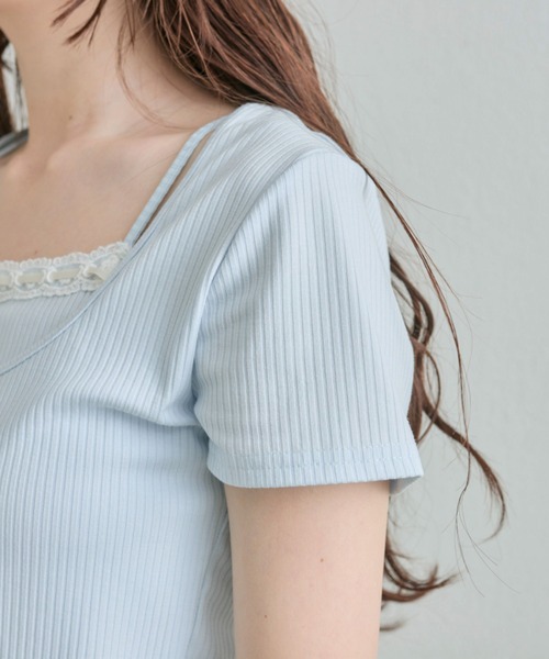 OLIVE des OLIVE(オリーブデオリーブ)の「レースリボンレイヤードトップス(Tシャツ/カットソー・レディース・ブラック/サックスブルー/トップグレー/アイボリー・FREE)」の16枚目の写真