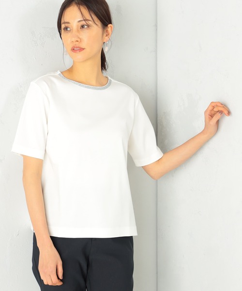 GALLORIA（ギャローリア）の「【キレメクシリーズ】衿ラメテープ　クルーネックTシャツ（Tシャツ/カットソー・レディース・スモークピンク/ブラック/ライトグレー/ホワイト・LL/S/M/L）」の5枚目の写真