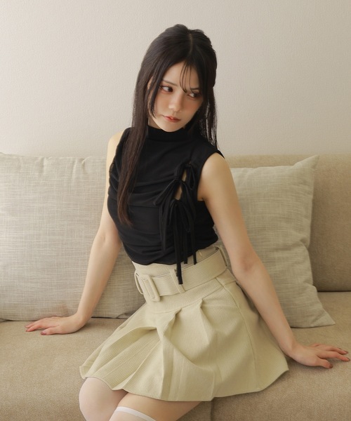 ★NOFFICIALNOFFICE★PIPED RIBBON STRAP SLEEVELESS TOP★人気 drape ribbon sleeveless tops/ドレープリボンスリーブレス