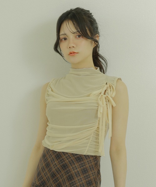 ★NOFFICIALNOFFICE★PIPED RIBBON STRAP SLEEVELESS TOP★人気 drape ribbon sleeveless tops/ドレープリボンスリーブレス