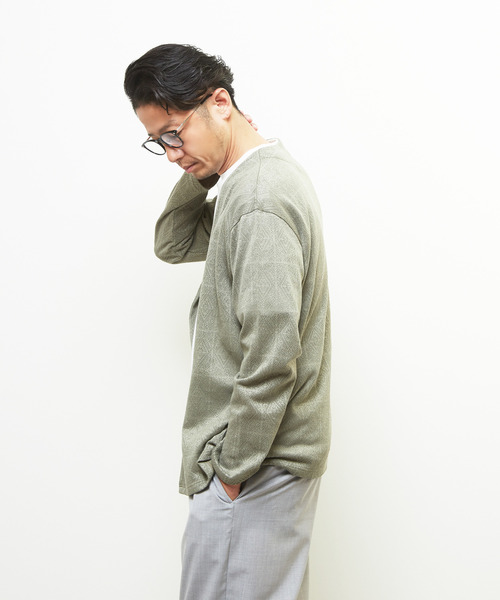 MEN'S MELROSE（メンズメルローズ）の「ジャガードメッシュボタンレスカーディガン（カーディガン/ボレロ・メンズ・ブラック/セージグリーン・4/2/3）」の6枚目の写真