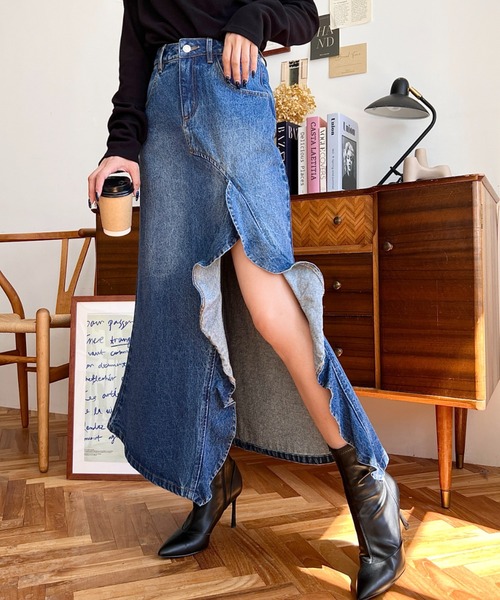 OBLI デニムフリルスカート　極美品 OBLI デニムフリルスカート 極美品