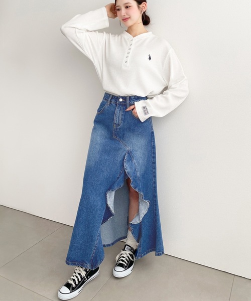 セール】アシメフリルロングデニムスカート（デニムスカート）｜LOULOU