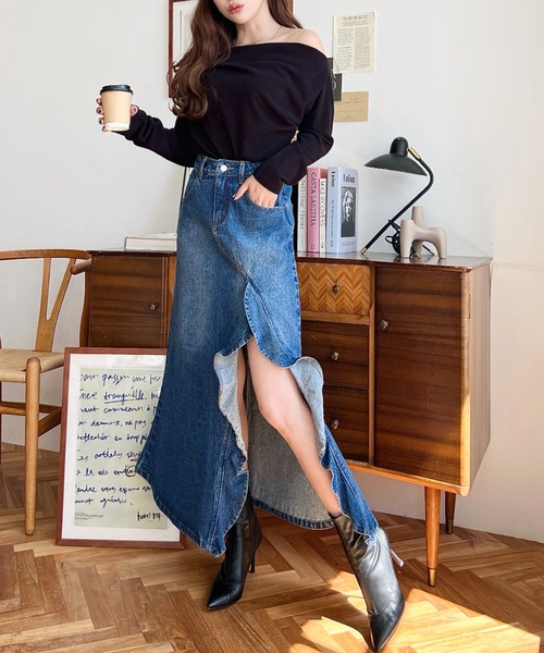 LOULOU select(ルルセレクト)の「アシメフリルロングデニムスカート(デニムスカート・レディース・ブルー/インディゴブルー/ブラック/サックスブルー・M/S/L)」の7枚目の写真