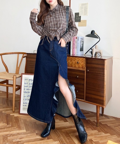 美品★Rene★ルネ★デニムスカート★ セール】アシメフリルロングデニムスカート（デニムスカート