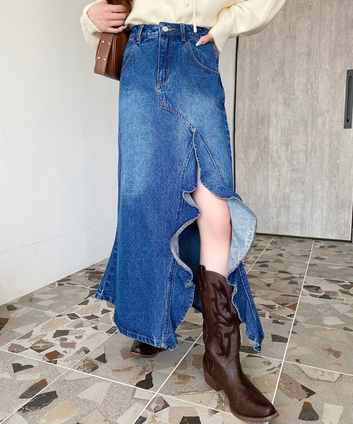 LOULOU select(ルルセレクト)の「アシメフリルロングデニムスカート(デニムスカート・レディース・ブルー/インディゴブルー/ブラック/サックスブルー・M/S/L)」の18枚目の写真