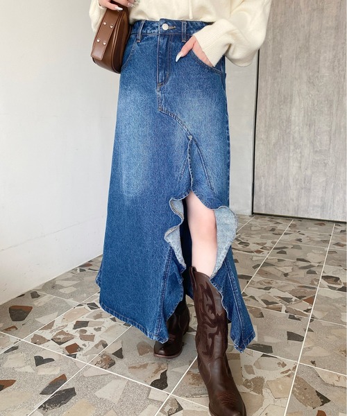LOULOU select(ルルセレクト)の「アシメフリルロングデニムスカート(デニムスカート・レディース・ブルー/インディゴブルー/ブラック/サックスブルー・M/S/L)」の15枚目の写真