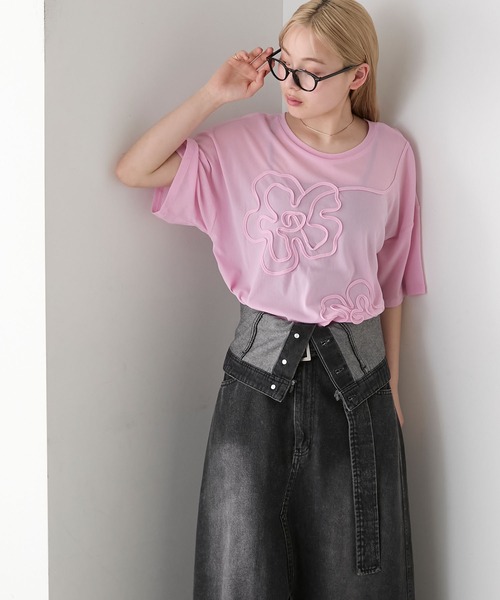 forksy.（フォルクシー）の「【forksy.】シアー 花柄コード刺繍 Tシャツ（Tシャツ/カットソー・レディース・ピンク/ブラック/アイボリー/オフホワイト・FREE）」の4枚目の写真