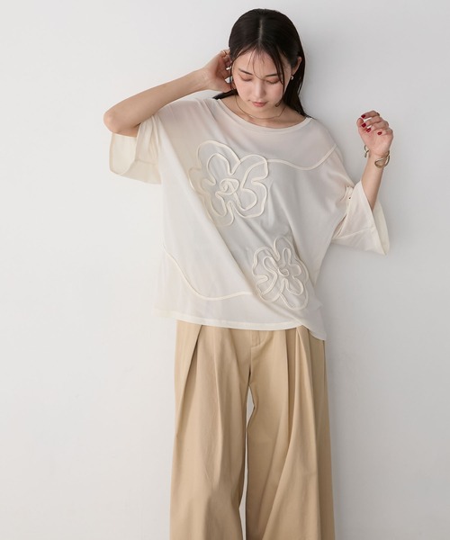 forksy.（フォルクシー）の「【forksy.】シアー 花柄コード刺繍 Tシャツ（Tシャツ/カットソー・レディース・ピンク/ブラック/アイボリー/オフホワイト・FREE）」の3枚目の写真
