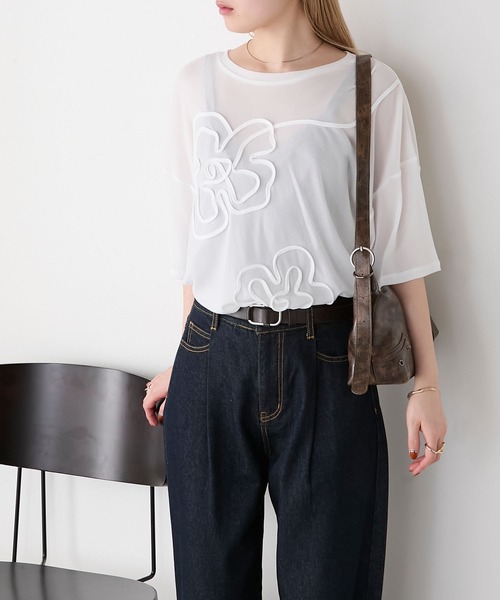 forksy.（フォルクシー）の「【forksy.】シアー 花柄コード刺繍 Tシャツ（Tシャツ/カットソー・レディース・ピンク/ブラック/アイボリー/オフホワイト・FREE）」の15枚目の写真
