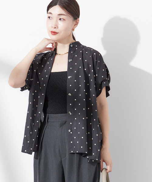 【美品】L'ESSAGE タックスリーブシャツ ドット ブラック 追加3》IPEKER/ドットタックスリーブシャツ（シャツ／ブラウス