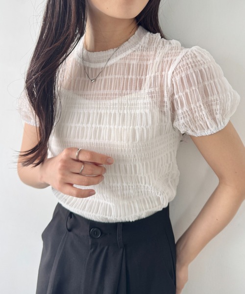 【関税込み】_J.L - A.L_ ブラウン Shale 半袖トップス セール】シャーリング シアー半袖トップス（Tシャツ/カットソー