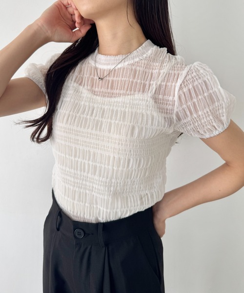 セール】シャーリング シアー半袖トップス（Tシャツ/カットソー