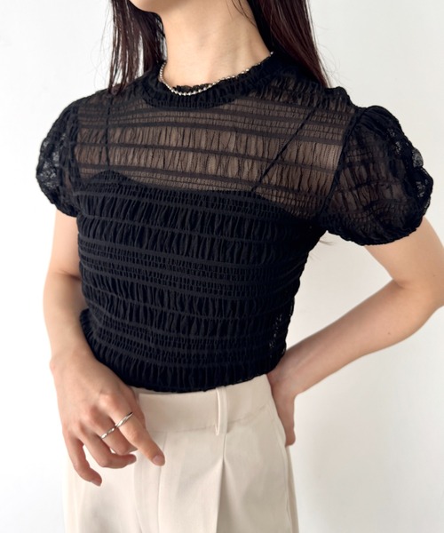 セール】シャーリング シアー半袖トップス（Tシャツ/カットソー