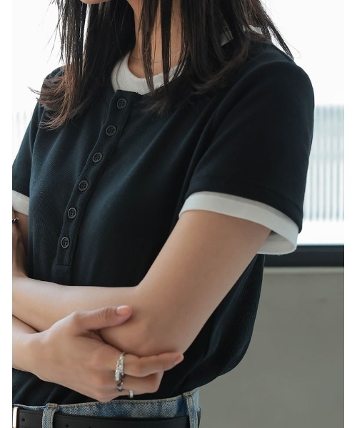 ヘンリーネック 半袖シャツ リブ素材 シンプル ストリート系 セール】[2025 SUMMER COLLECTION]配色ヘンリーネックレイヤード