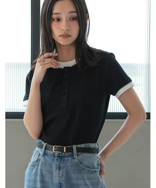 ヘンリーネック 半袖シャツ リブ素材 シンプル ストリート系 セール】[2025 SUMMER COLLECTION]配色ヘンリーネックレイヤード