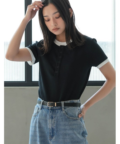 Re:EDIT(リエディ)の「配色ヘンリーネックレイヤード風半袖トップス(Tシャツ/カットソー・レディース・ブラック×ホワイト/ブラウン×イエロー/グレー×ホワイト/ホワイト×グレー・MEDIUM/LARGE)」の5枚目の写真