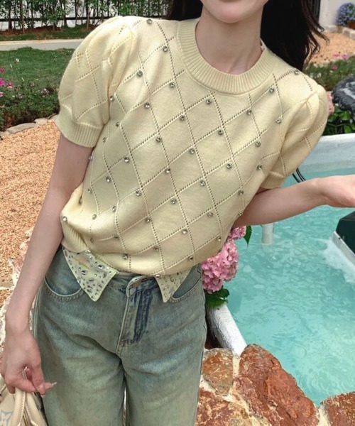 shoppinggo（ショッピングゴー）の「ラインストーン付 ニット メッシュ 半袖 ニット トップス（Tシャツ/カットソー・レディース・ブラック/ブルー/ベージュ/ピンク/ホワイト・FREE）」の4枚目の写真