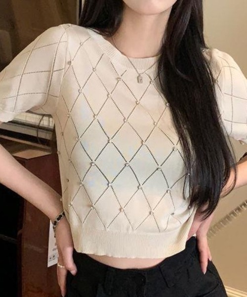 shoppinggo（ショッピングゴー）の「ラインストーン付 ニット メッシュ 半袖 ニット トップス（Tシャツ/カットソー・レディース・ブラック/ブルー/ベージュ/ピンク/ホワイト・FREE）」の2枚目の写真