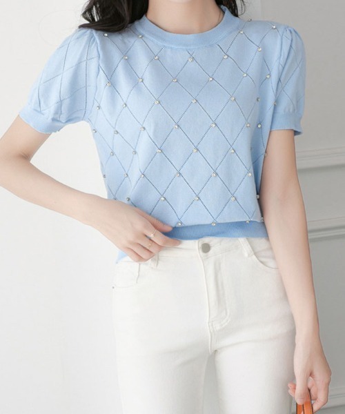 shoppinggo（ショッピングゴー）の「ラインストーン付 ニット メッシュ 半袖 ニット トップス（Tシャツ/カットソー・レディース・ブラック/ブルー/ベージュ/ピンク/ホワイト・FREE）」の5枚目の写真