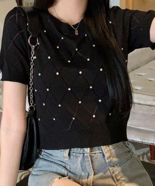 shoppinggo（ショッピングゴー）の「ラインストーン付 ニット メッシュ 半袖 ニット トップス（Tシャツ/カットソー・レディース・ブラック/ブルー/ベージュ/ピンク/ホワイト・FREE）」の3枚目の写真