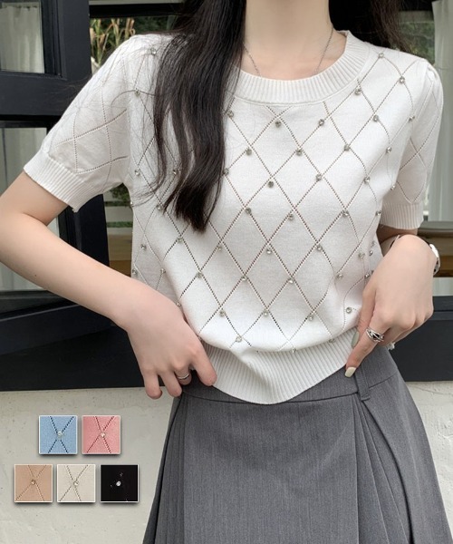 shoppinggo（ショッピングゴー）の「ラインストーン付 ニット メッシュ 半袖 ニット トップス（Tシャツ/カットソー・レディース・ブラック/ブルー/ベージュ/ピンク/ホワイト・FREE）」の13枚目の写真
